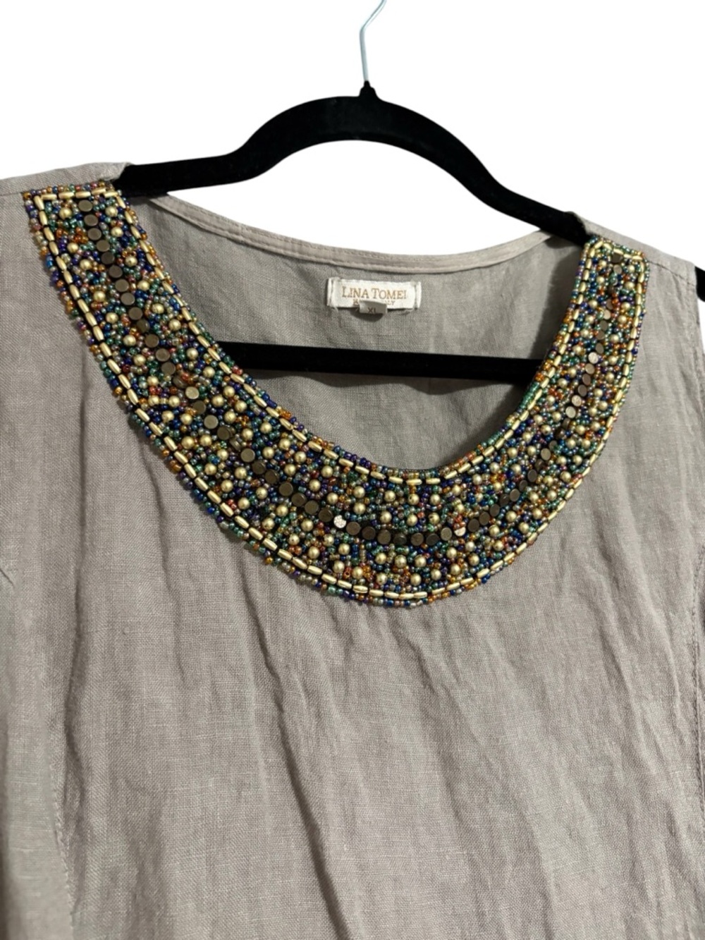 Lina Tomei Italy Linen Sleeveless Dress - Taupe Beaded Neckline Size XL - Picture 3 of 6